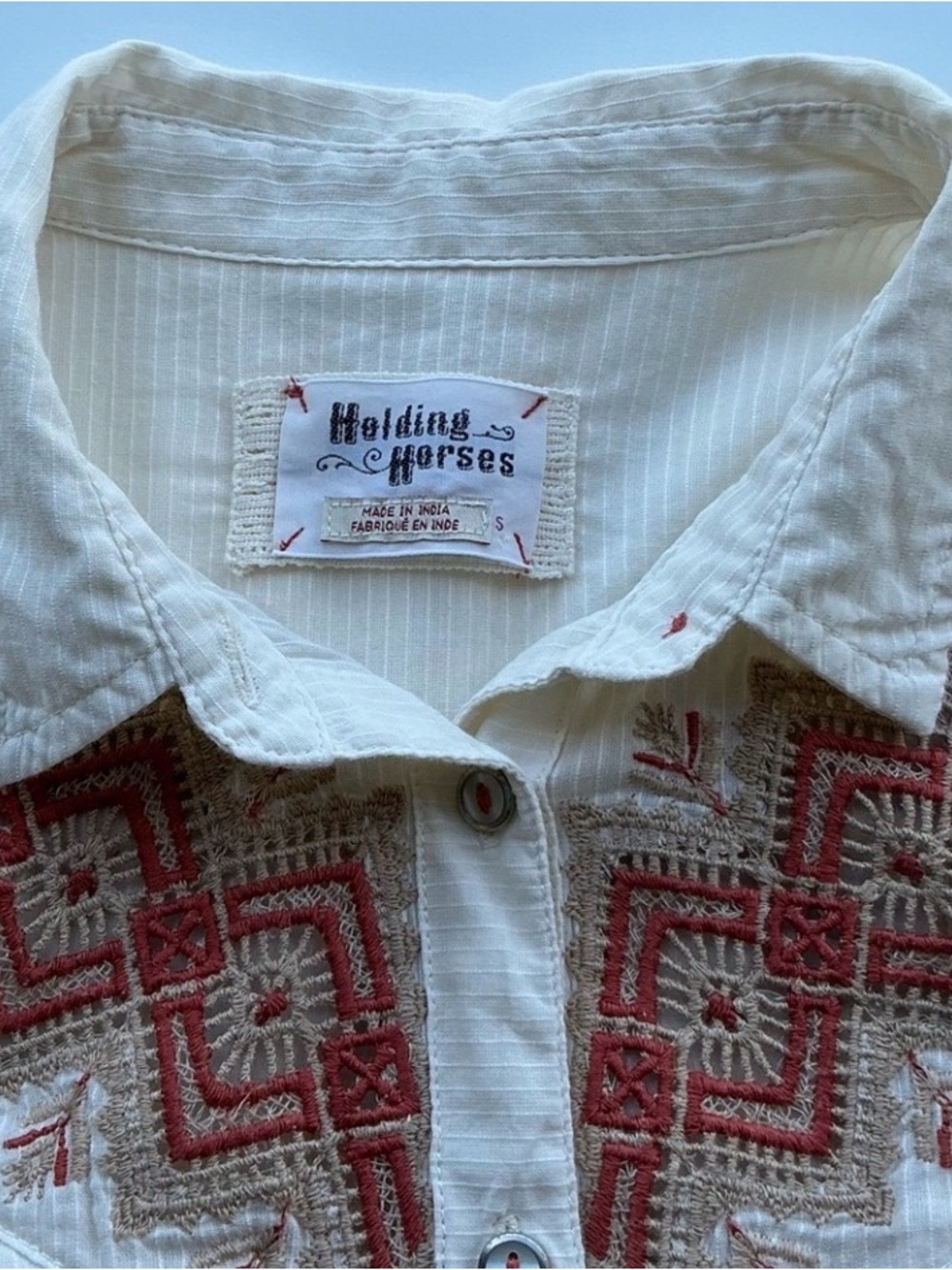 HOLDING HORSES Cream Button-Down Blouse with Rust Embroidery - Picture 5 of 7